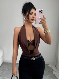 Close-up of brown halter neck bodysuit with deep V-cut and ring detail