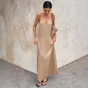 Elegant khaki V-neck backless sleeveless maxi slip dress for summer casual style