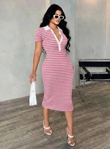 Fashionable pink and white striped bodycon midi dress with a crisp white POLO collar detail