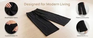 Detail view of black breathable cotton wide-leg pants showing fabric texture and fit