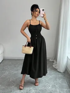Elegant black smocked waist camisole maxi dress with pleated details for women in summer