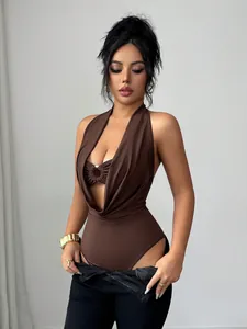 Front view of brown deep V-neck halter bodysuit with hollow ring detail for slim fit