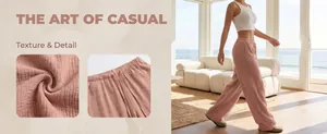 Detail of pink cotton wide-leg pants showing soft texture and elastic waistband.