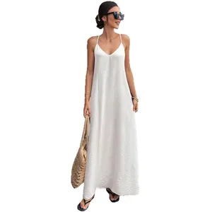 Elegant white V-neck backless strap maxi dress for women's casual summer fashion style.