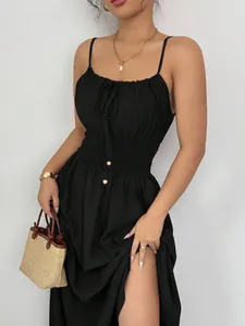 Elegant black sleeveless smocked waist camisole dress featuring stylish side split detail