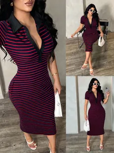 Detailed views showing a striped bodycon midi dress with a stylish polo neck and buttons
