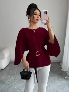 Elegant burgundy flared sleeve blouse with a belted waist and round neck design