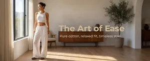 Asian model wearing white pure cotton relaxed fit wide-leg trousers in a living room