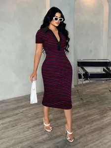 Slim fit red and blue striped polo midi dress with short sleeves for women fashion