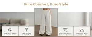 High-quality white 100% cotton wide-leg pants with drawstring waist feature.