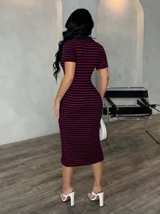 Back view of a chic navy and red striped bodycon polo midi dress with short sleeves.
