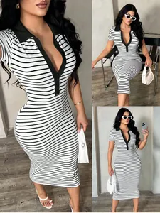 Close-up detail of striped bodycon midi dress with elegant polo collar and V-neckline