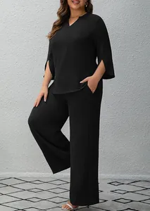 Plus size black two-piece set featuring a 3/4 sleeve V-neck top and wide-leg trousers