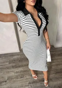 Detailed view of striped polo collar bodycon dress with deep V-neck and midi length.
