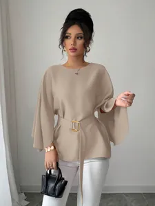 Elegant French vintage style khaki blouse with dramatic flare sleeves and matching belt