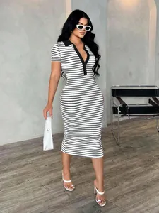 Full view of a chic black and white striped bodycon midi dress with a polo collar.