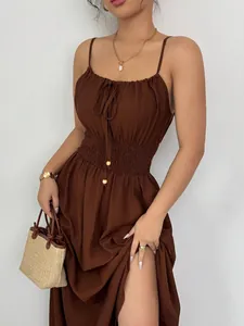 Elegant brown sleeveless camisole dress with pleated waist and side slit