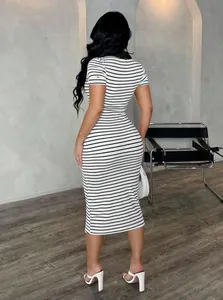 Back view of a slim fit black and white striped polo collar bodycon midi dress