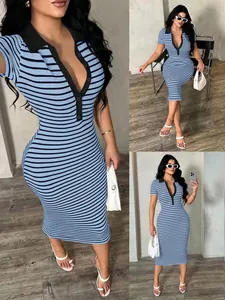 Detailed view of striped bodycon midi dress featuring black polo collar and V-neck button design