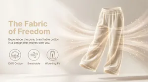Premium 100% breathable cotton wide-leg pants highlighting flowy design and soft fabric texture