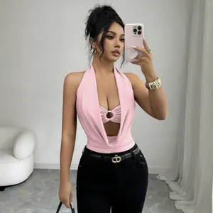 Elegant sexy pink deep V halter bodysuit with hollow ring detail and slim fit design