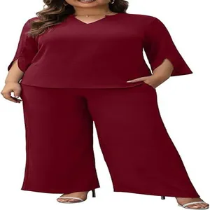 Detailed view of women's burgundy casual outfit set with v-neck top and straight wide leg pants.