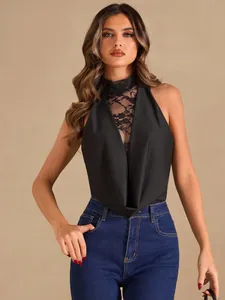 Sexy black halter neck bodysuit featuring lace mesh insert and draped front design