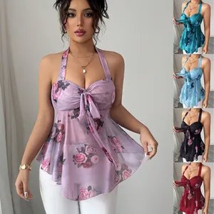 Dames Halter Neck Mouwloze Bloemenprint Top Sexy Bow Tie Peplum Cropped Blouse Mode Casual Slim Fit Zomer Top