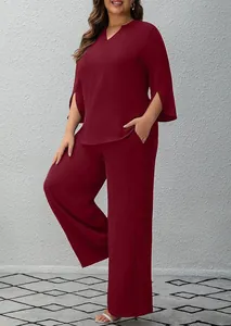 Women's two-piece casual burgundy set with V-neck split sleeve top and wide leg pants