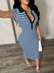 Bodycon striped polo dress with short sleeves and button-down collar