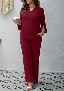 Elegant wine red two-piece lounge set with V-neck top and wide-leg pants for women