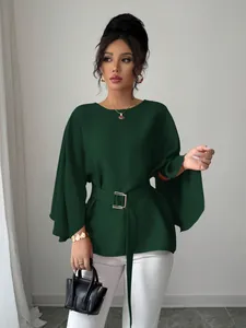 Elegant dark green bell sleeve blouse with belt, French retro design for modern women.