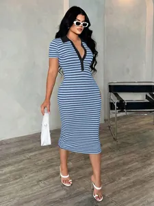 Stylish blue and black striped polo neck bodycon midi dress with a slim fit cut