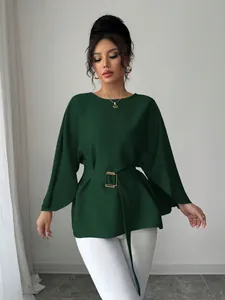 Elegant dark green French style blouse with flared batwing sleeves and belted waist detail
