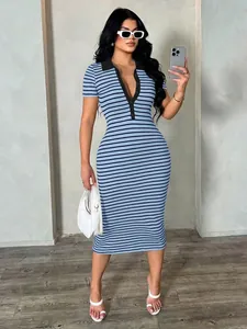 Full body view of a stylish striped polo collar slim bodycon midi dress on a model