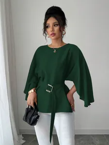 Elegant French retro dark green flare sleeve top featuring a round neck and belted waist