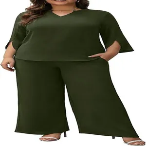 Detail of olive green two-piece set with V-neck top and wide-leg trousers for women