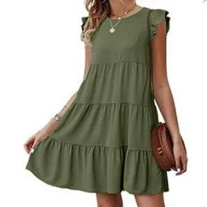 Detailed view of olive green tiered ruffled short sleeve casual dress for women