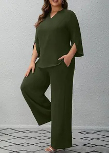 Elegant olive green two-piece lounge set with V-neck split-sleeve top and wide-leg trousers