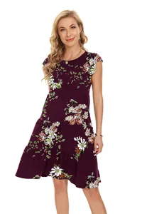 Detailed view of a burgundy tiered floral print summer dress with short cap sleeves