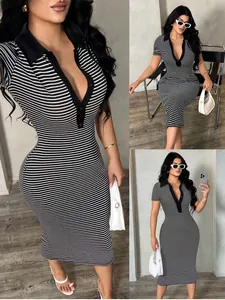 Collage showing multiple views of a black and white striped polo collar midi dress
