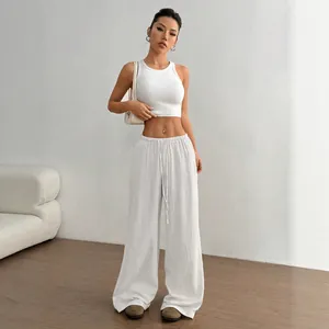 White pure cotton wide-leg floor-length pants for women, minimalist casual style