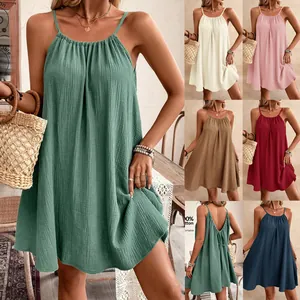 Robe Mini pour Femmes 100% Coton Sans Manches Dos Nu à Nouer Couleur Unie Col Rond Coupe Ample Robe de Vacances