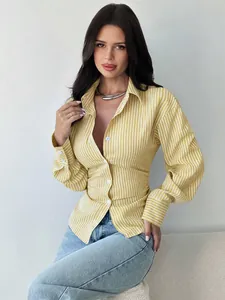 Detail shot of a yellow striped long-sleeve slim fit shirt with V-neck lapel design