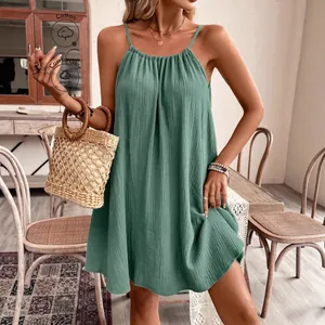 Robe courte sans manches verte décontractée avec col rond et coupe bohème ample