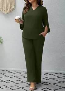 Olive green two-piece casual set featuring a V-neck tunic and wide-leg trousers