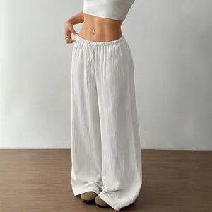 Comfortable women's pure cotton casual solid white wide-leg trousers for summer