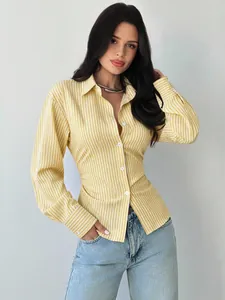 Slim-fit yellow and white striped long-sleeved shirt with lapel and button detail