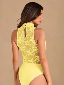 Elegant yellow lace mesh high neck sleeveless bodysuit with back keyhole detail