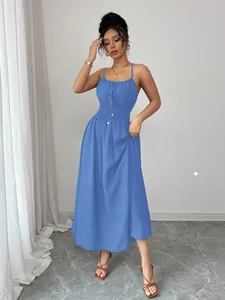 Elegant blue sleeveless pleated waist camisole maxi dress for women